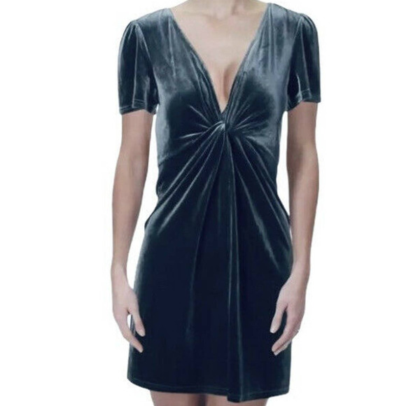 Aqua Blue-Gray Velvet Shimmer Stretch Deep V-Neck Plunge Cocktail Party Dress - Picture 12 of 13